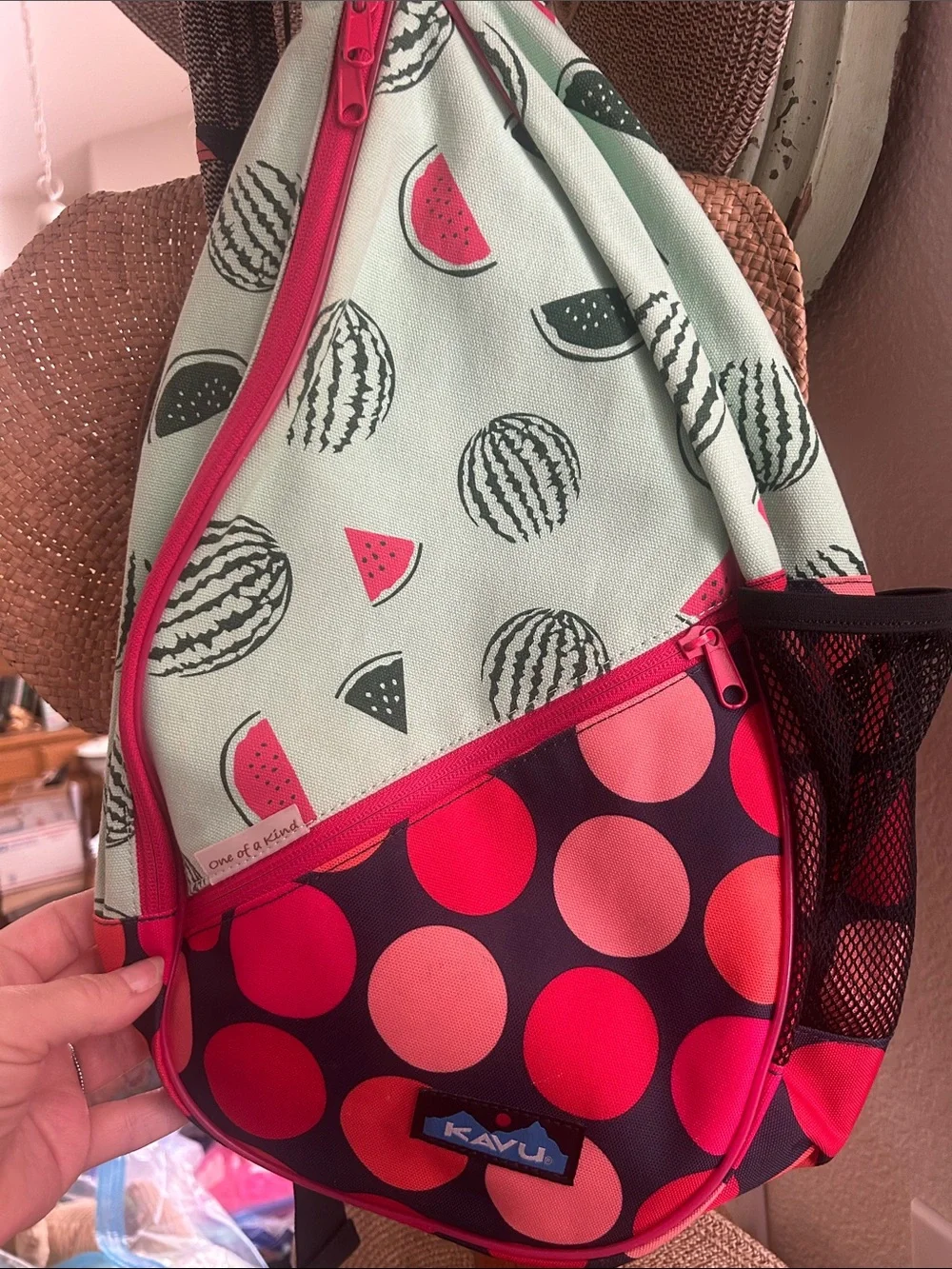 Kavu Mint Watermelon Sling Bag with Pink Accents